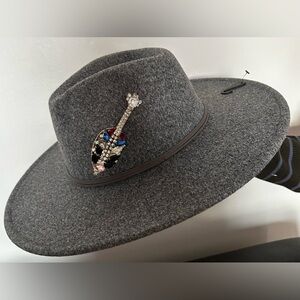 Gray Fedora Hat with Decorative guitar Brooch